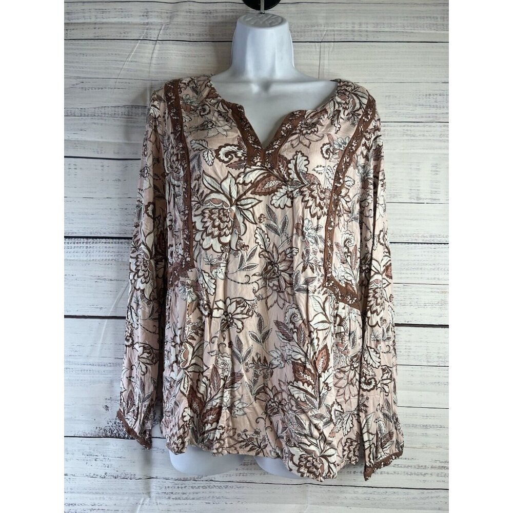 J Jill Women's L Tunic Blouse Long Sleeve Lace Floral Split V-Neck Pink/Brown